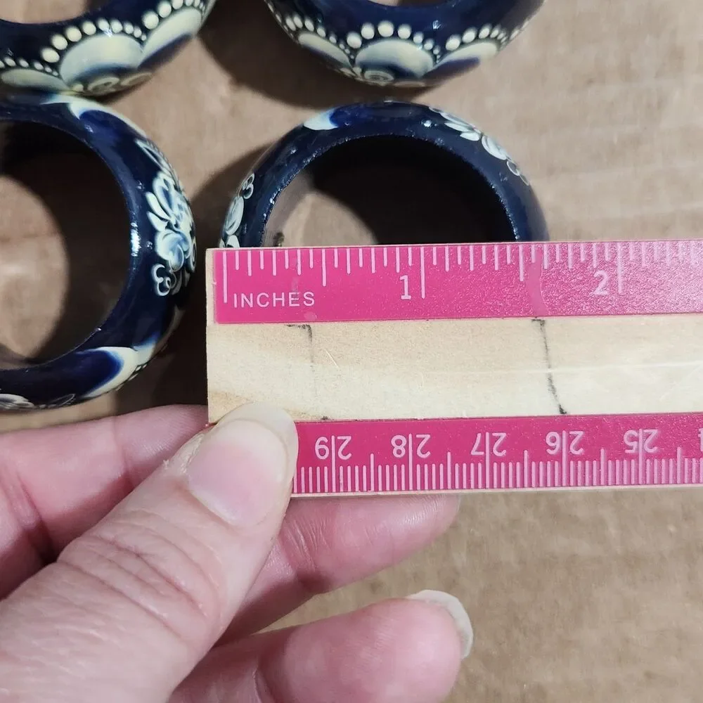 Vintage Russian Hand Painted Wooden Napkin Rings Gzhel Blue White Floral Set 6 - Picture 5 of 5